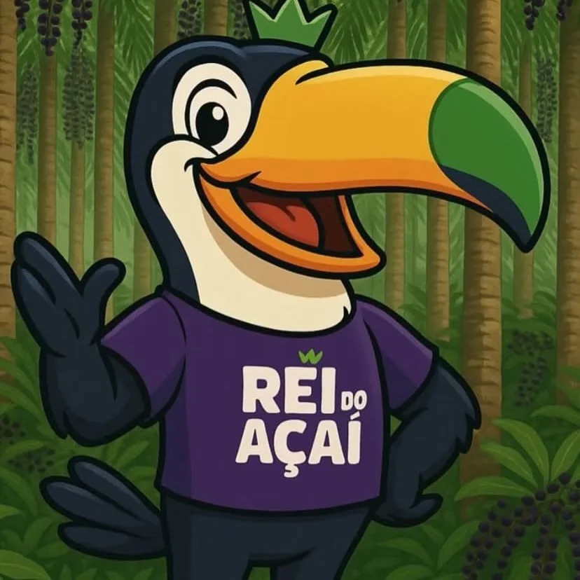 Tucano mascote do Rei do Açaí, de coroa verde e camiseta roxa, acenando em meio aos açaizeiros