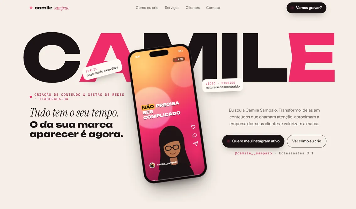 Página inicial do site Camile Sampaio, criado pela Lukrar