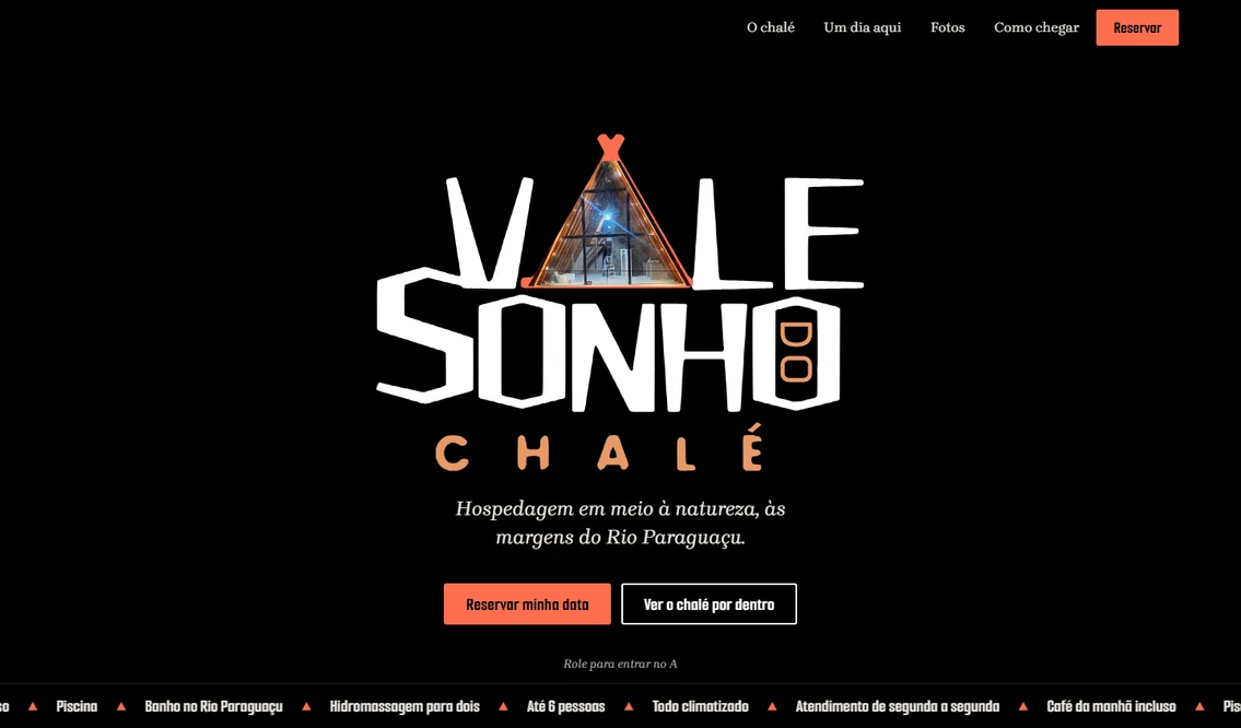 Página inicial do site Chalé Vale do Sonho, criado pela Lukrar