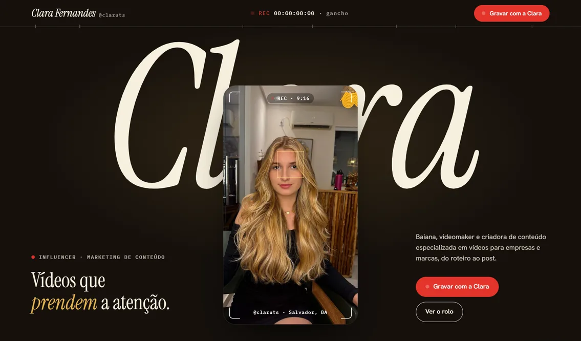 Página inicial do site Clara Fernandes, criado pela Lukrar