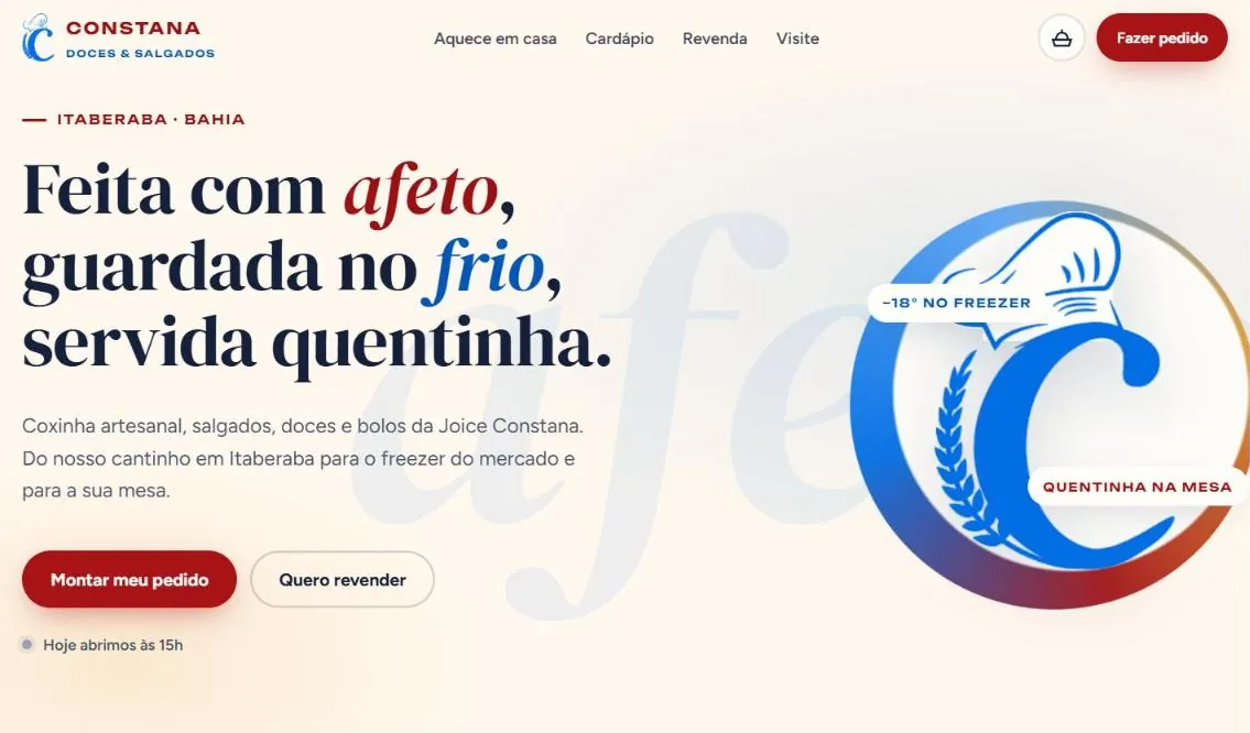 Página inicial do site Constana Doces & Salgados, criado pela Lukrar
