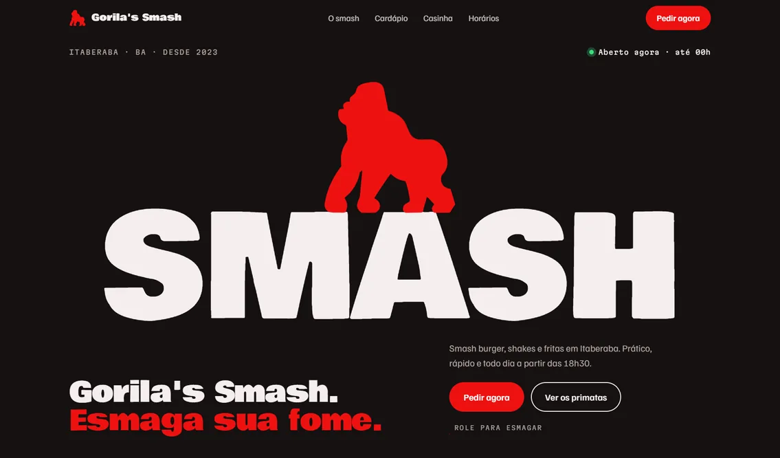 Página inicial do site Gorila's Smash, criado pela Lukrar