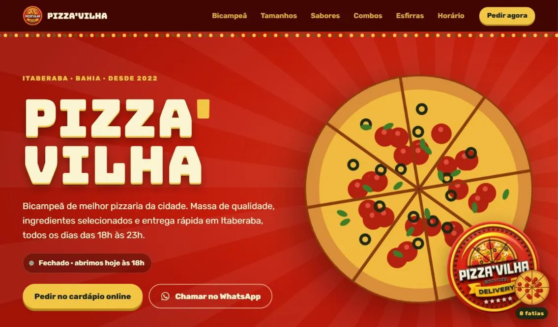 Página inicial do site Pizza'Vilha, criado pela Lukrar