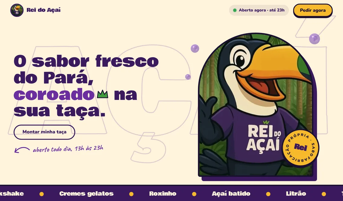 Página inicial do site Rei do Açaí, criado pela Lukrar