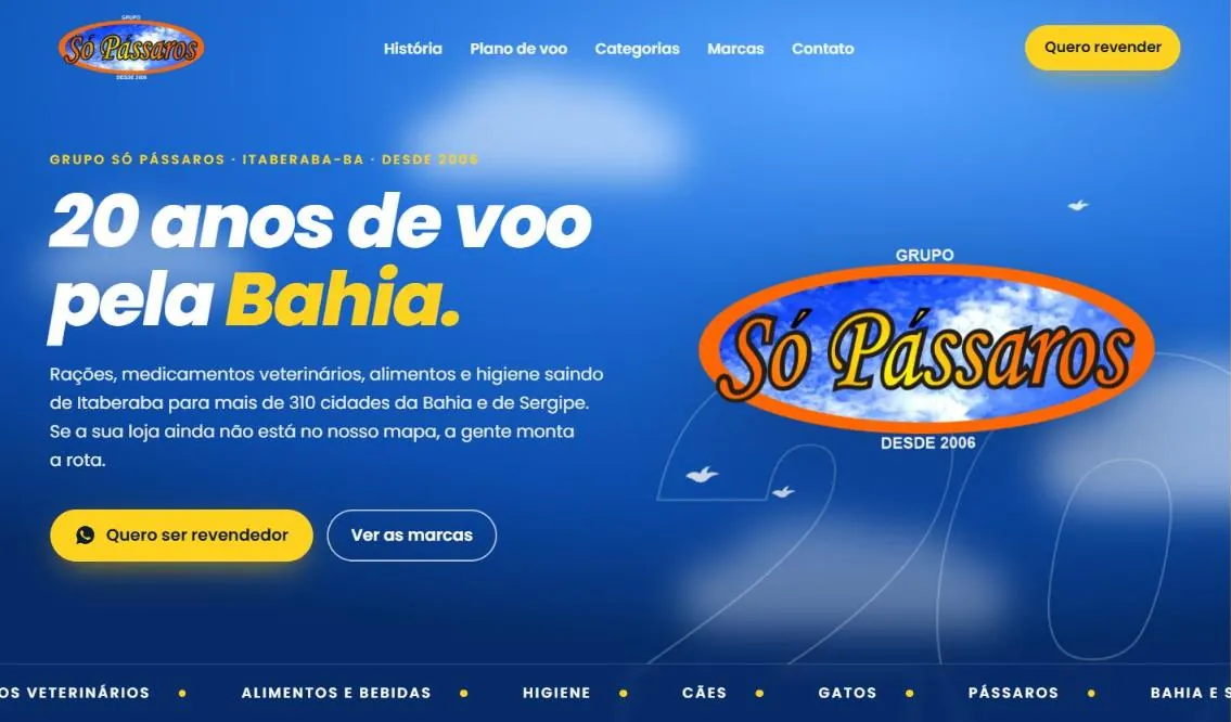 Página inicial do site Grupo Só Pássaros, criado pela Lukrar
